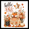 'Hello Fall' black and orange text, with an image of a off-white colored goose dressed up in a fall dress and head scarf holding an orange pumpkin, surrounded by fall decorative flowers and multi-colored pumpkins, on a white background.