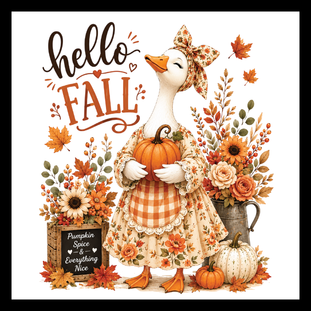 'Hello Fall' black and orange text, with an image of a off-white colored goose dressed up in a fall dress and head scarf holding an orange pumpkin, surrounded by fall decorative flowers and multi-colored pumpkins, on a white background.
