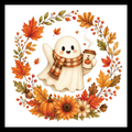 Cute smiling ghost holding a coffee surrounded by a wreath made up of fall leaves and decor, on a white background.