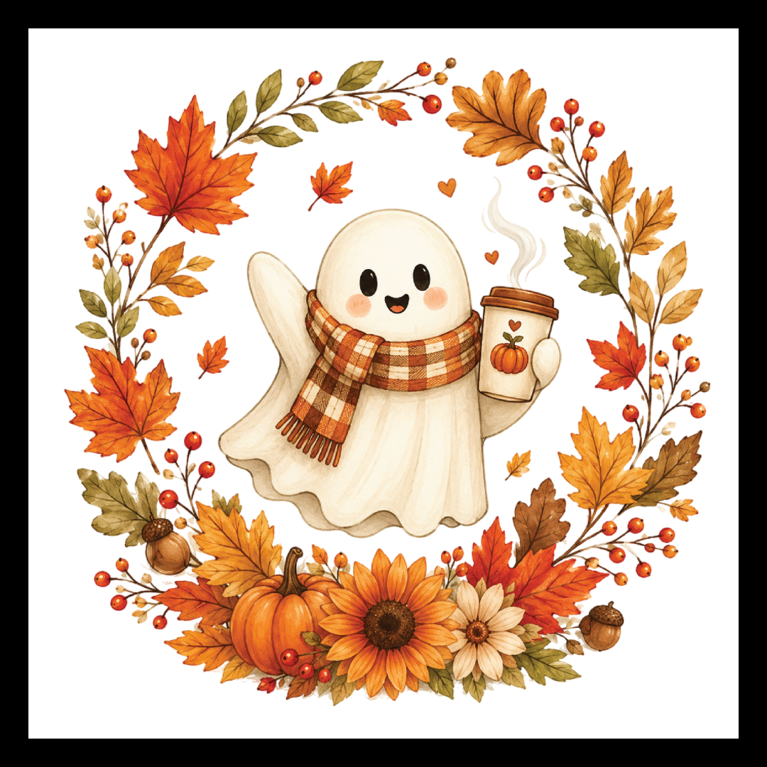 Cute smiling ghost holding a coffee surrounded by a wreath made up of fall leaves and decor, on a white background.