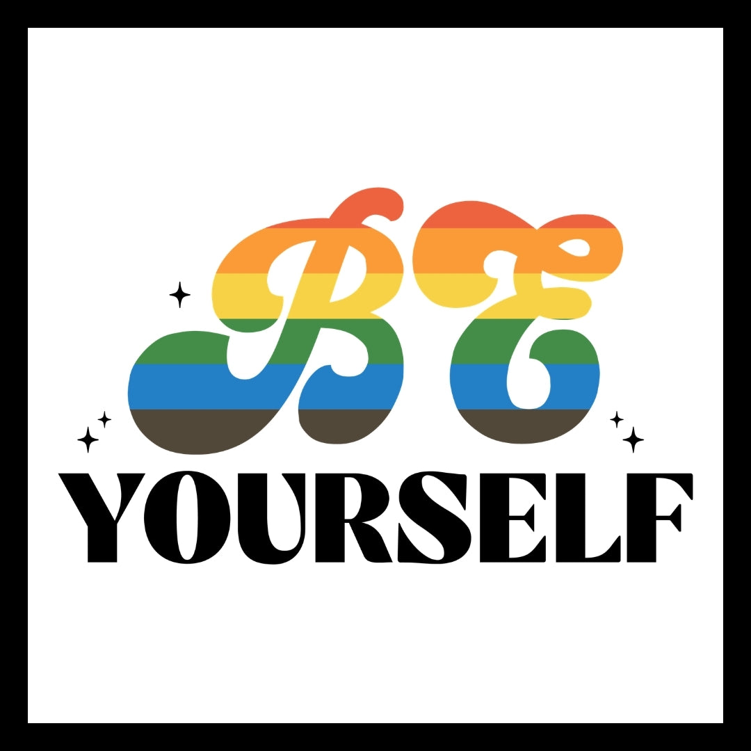 'Be Yourself' text in black and colorful text with black stars on a white background.