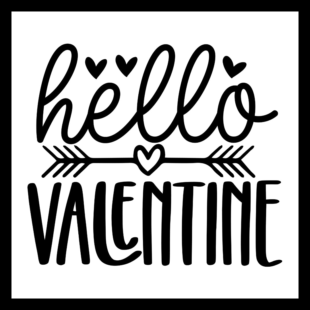 Black text 'hello Valentine' with BLACK HEARTS AND ARROW WITH  decorative elements on a white background.