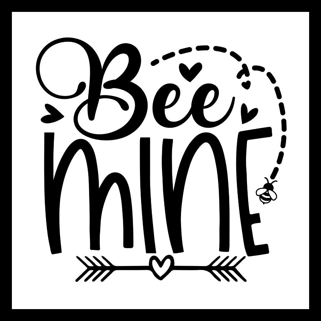 Black text 'Bee Mine' with decorative elements such as black hearts and a bee and arrow n a white background.
