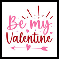 'Be my valentine' red and pink text with decorative pink hearts and arrow, on a white background.