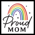 Logo with rainbow and black stars and 'Proud Mom' in black text on a white background