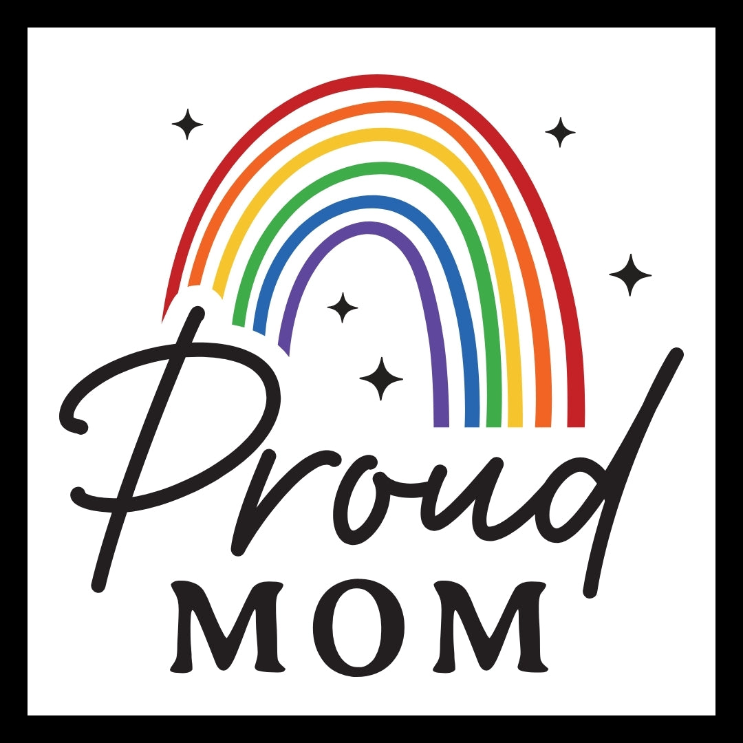 Logo with rainbow and black stars and 'Proud Mom' in black text on a white background