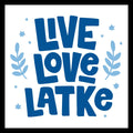 'Live, love, latke' in blue text with blue stars and leaves on a white background.