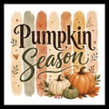 'Pumpkin Season' in dark brown and green text, with images of multi-colored pumpkins, surrounded by fall decorative flowers and decor, on a white background.
