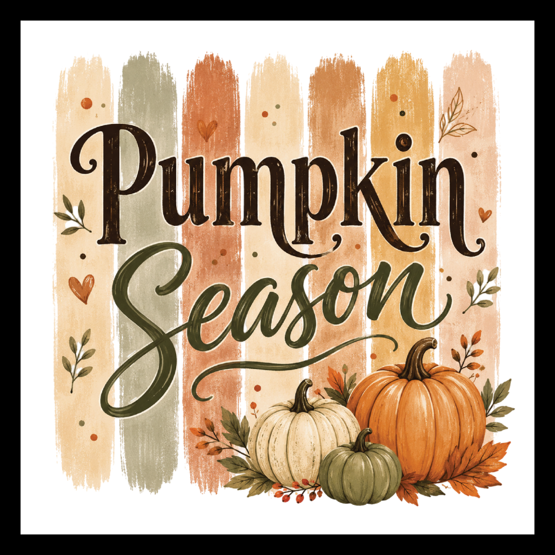'Pumpkin Season' in dark brown and green text, with images of multi-colored pumpkins, surrounded by fall decorative flowers and decor, on a white background.