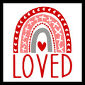 Decorative design with a red, pink and grey rainbow containing white hearts and white XXs, red heart in the center, and the word 'LOVED' in red text on a white background.