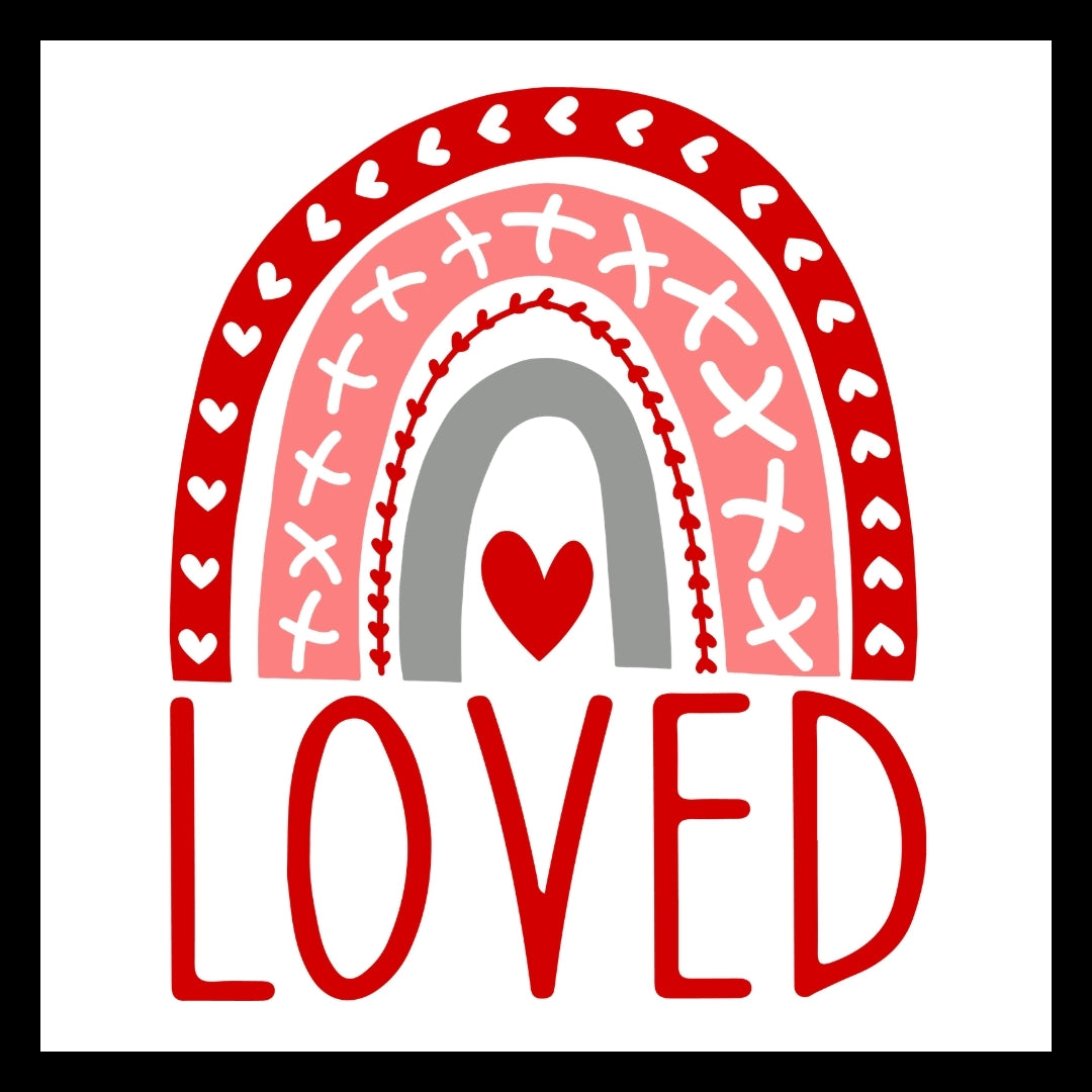 Decorative design with a red, pink and grey rainbow containing white hearts and white XXs, red heart in the center, and the word 'LOVED' in red text on a white background.