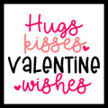 Valentine's Day-themed black and pink text 'Hugs kisses Valentine wishes' with hot pink hearts on a white background.