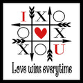 'Love wins every time' black text with a tic tac toe board made with black arrows with X's and O's on the game board with I heart U in red text/image going diagonally from left to right to show the winning play of tic tac toe board, on a white background.