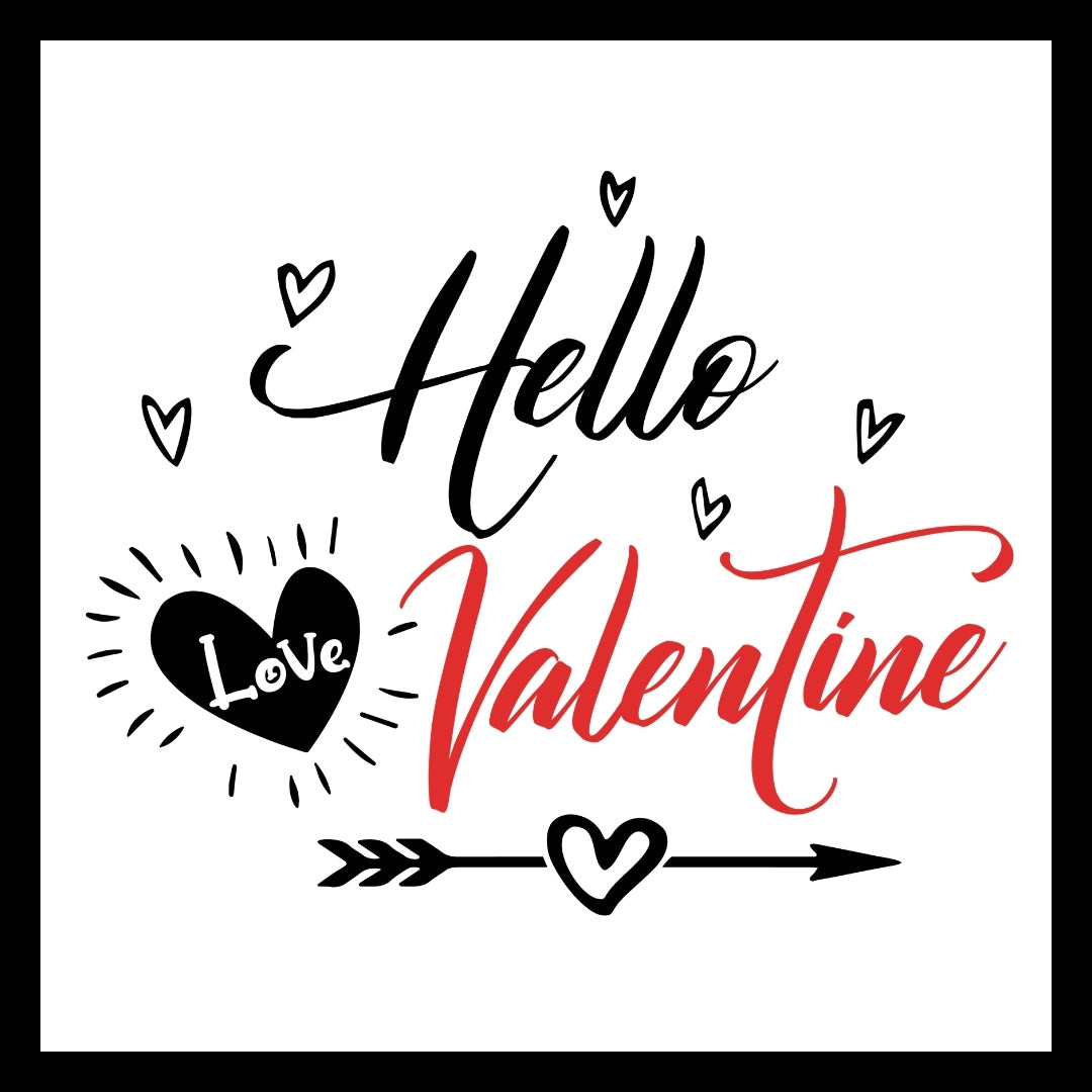 Decorative black and red text 'Hello Valentine' with black and white hearts and an arrow on a white background.