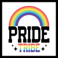 Pride-themed graphic with rainbow colors and 'PRIDE TRIBE' in black and rainbow colored text on a white background