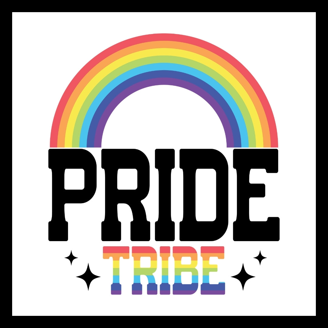 Pride-themed graphic with rainbow colors and 'PRIDE TRIBE' in black and rainbow colored text on a white background