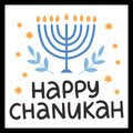 'Happy Chanukah' in black text with blue candles and yellow flames, yellow stars and blue leave stems on a white background.
