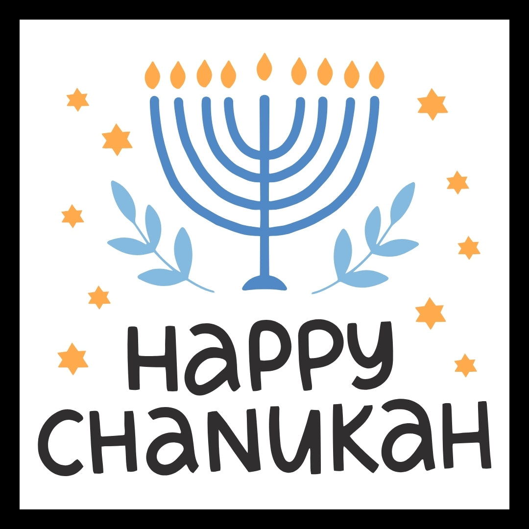 'Happy Chanukah' in black text with blue candles and yellow flames, yellow stars and blue leave stems on a white background.