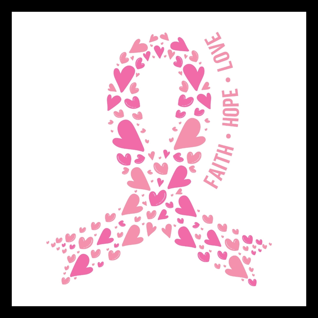 Pink ribbon made of hearts in different shades of pink with 'Faith Hope Love' in light pink ext on a white background.