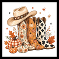 'Cowboy Fall' with images of three cowboy boots with different fall patterns with a beige and brown colored cowboy hat on top of the boots with fall leaves/decor and multi-colored pumpkins, on a white background.