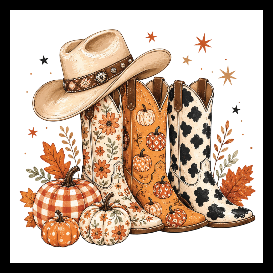 'Cowboy Fall' with images of three cowboy boots with different fall patterns with a beige and brown colored cowboy hat on top of the boots with fall leaves/decor and multi-colored pumpkins, on a white background.