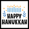 'Happy Hanukkah' in black text with blue candles and yellow flames, yellow stars and blue leave stems on a white background.