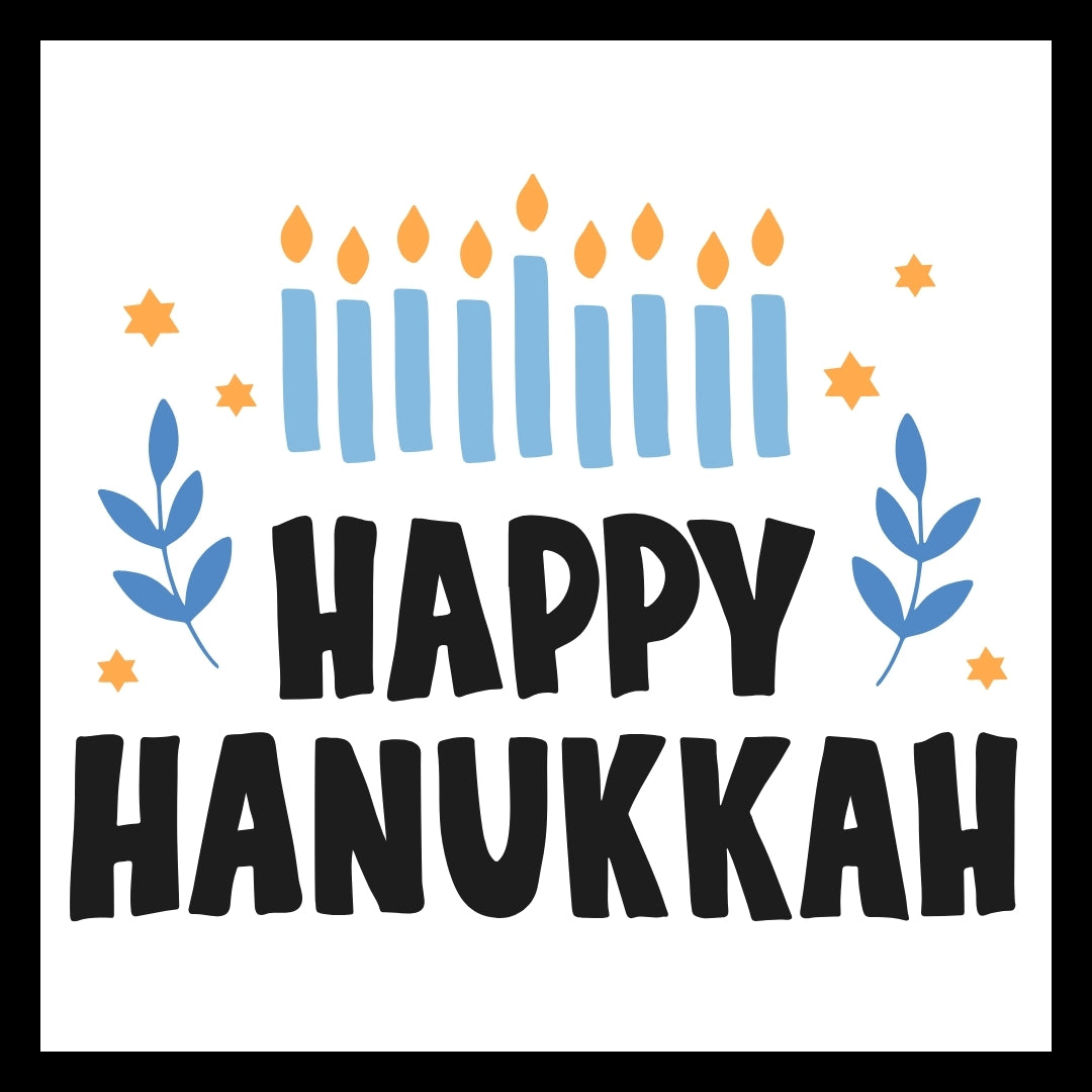 'Happy Hanukkah' in black text with blue candles and yellow flames, yellow stars and blue leave stems on a white background.