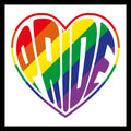 Rainbow heart with 'PRIDE' rainbow-colored text on a white background.