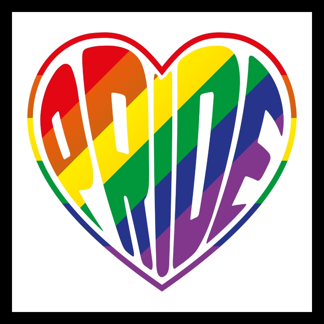 Rainbow heart with 'PRIDE' rainbow-colored text on a white background.