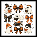 'Ghosts and Bows' have 5 images of cream-colored ghosts portraying fall activities such as Halloween spell book, drinking a pumpkin spice latte, reading etc..in black and orange colors, on a white background.