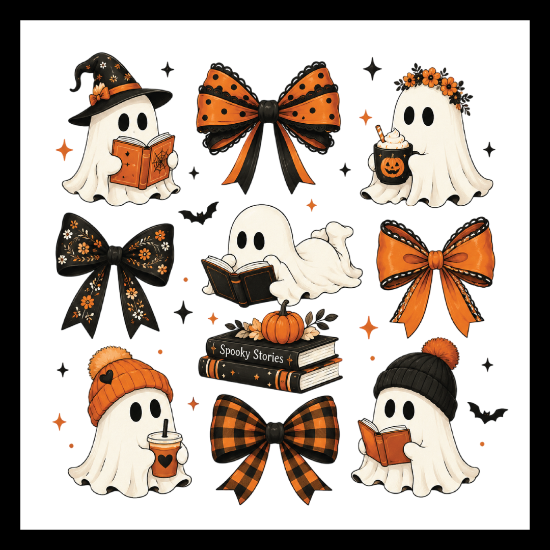 'Ghosts and Bows' have 5 images of cream-colored ghosts portraying fall activities such as Halloween spell book, drinking a pumpkin spice latte, reading etc..in black and orange colors, on a white background.