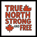 Text 'True North Strong and Free' red and black text with red maple leaves on a white background.