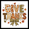 'Give Thanks' text in fall-colored materials with a green bow and fall leaves decor, on a white background.