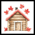 Illustration of a brown log cabin with a red roof, black chimney and white door trim,  with red maple leaves on a white background.