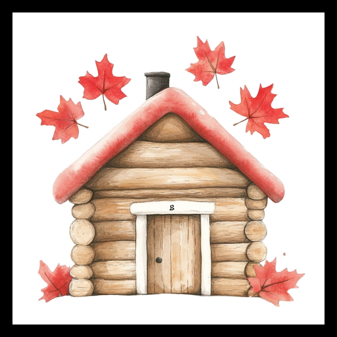 Illustration of a brown log cabin with a red roof, black chimney and white door trim,  with red maple leaves on a white background.