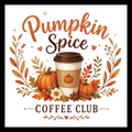 'Pumpkin Spice Coffee Club' text in orange and brown colors, with a cup of pumpkin spice coffee surrounded by fall decor, on a white background.