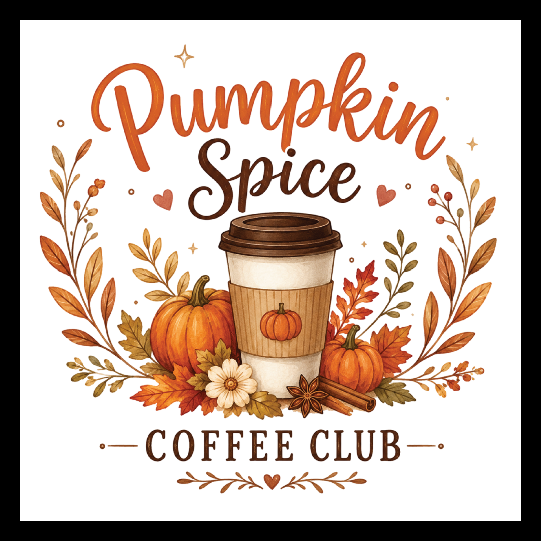 'Pumpkin Spice Coffee Club' text in orange and brown colors, with a cup of pumpkin spice coffee surrounded by fall decor, on a white background.