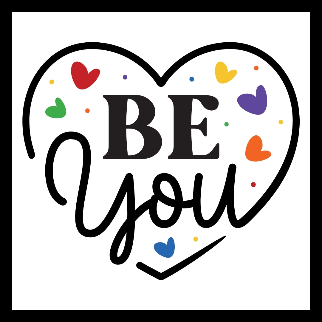 Heart-shaped logo with 'BE YOU' in black text and colorful hearts on a white background