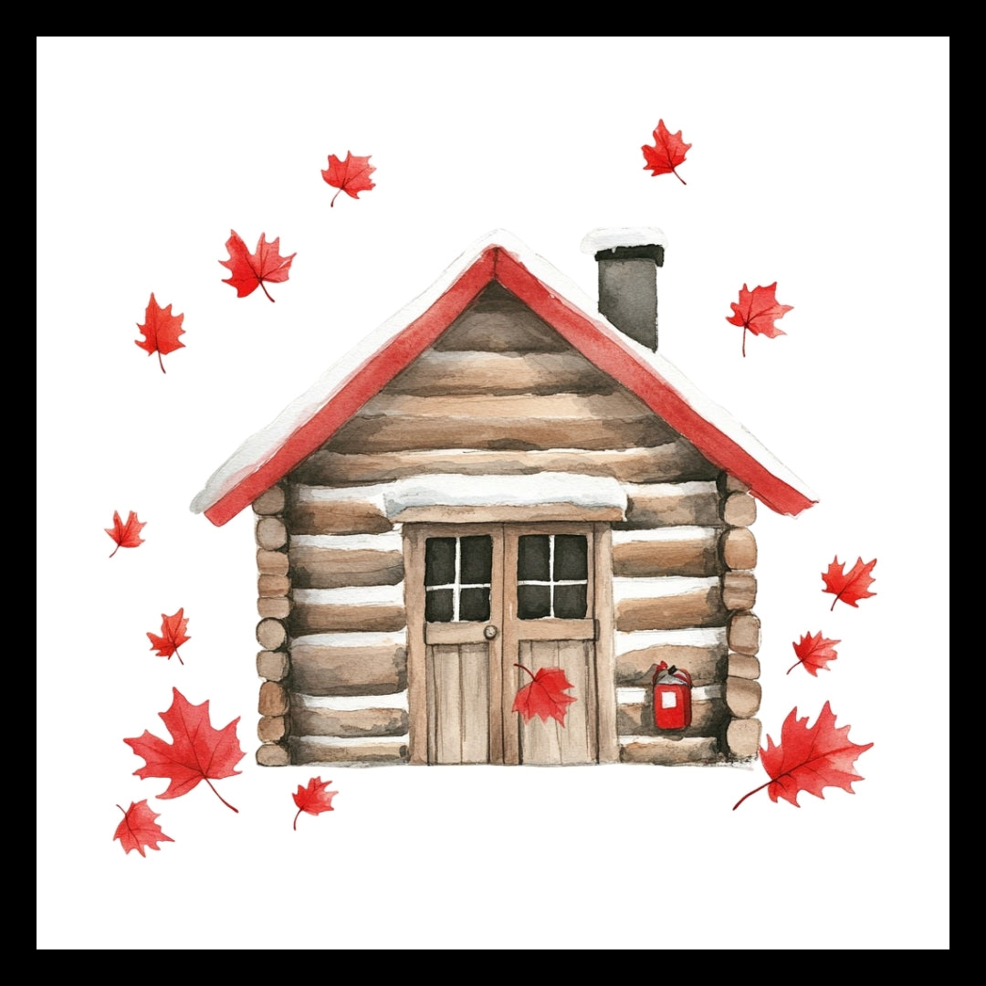 brown log cabin with a red roof, black chimney and red maple leaves falling, on a white background.