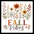 'Fall Vibes' text in orange, gold, brown and red colors, with fall flowers/decor, on a white background.