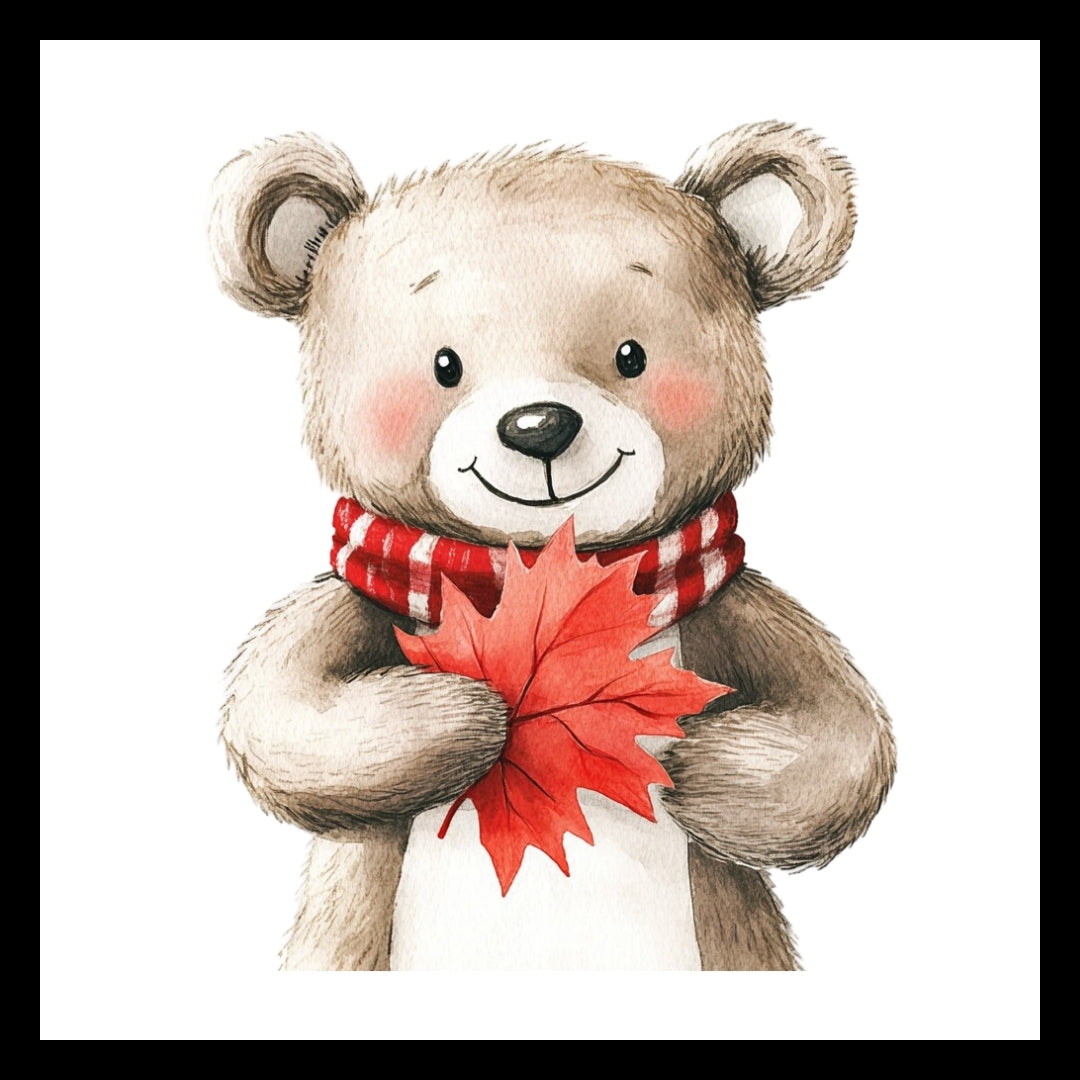 An image of a smiling brown bear with a red and white scarf holding a red maple leaf, on a white background.