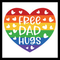 rainbow colored heart on a white background, with white hearts and white text that says free dad hugs.