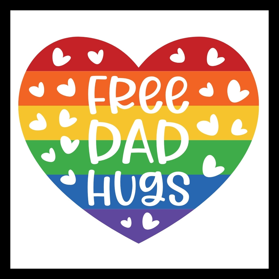 rainbow colored heart on a white background, with white hearts and white text that says free dad hugs.