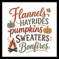 'Flannels, hayrides, pumpkins, sweaters, bonfires' text in orange, green, brown and red colors, with fall decor such as leaves, pumpkins and a bonfire, on a white background.