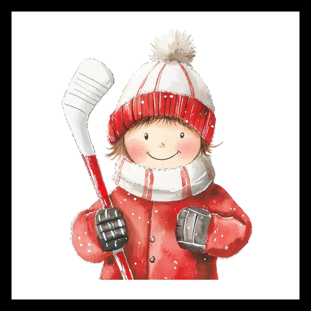 Illustration of a child in red and white winter clothing with black gloves, holding a red and white hockey stick.  This image is on a white background.