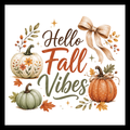 'Hello Fall Vibes' text in orange, brown and green colors, with fall multi-colored decor and pumpkins, on a white background.