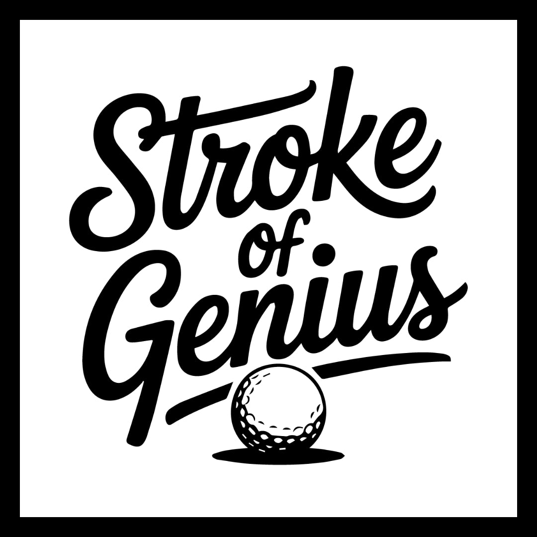 Golf ball logo with 'Stroke of Genius' black text on a white background.