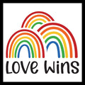 three rainbows on a white background with 'love wins' in black colored text.