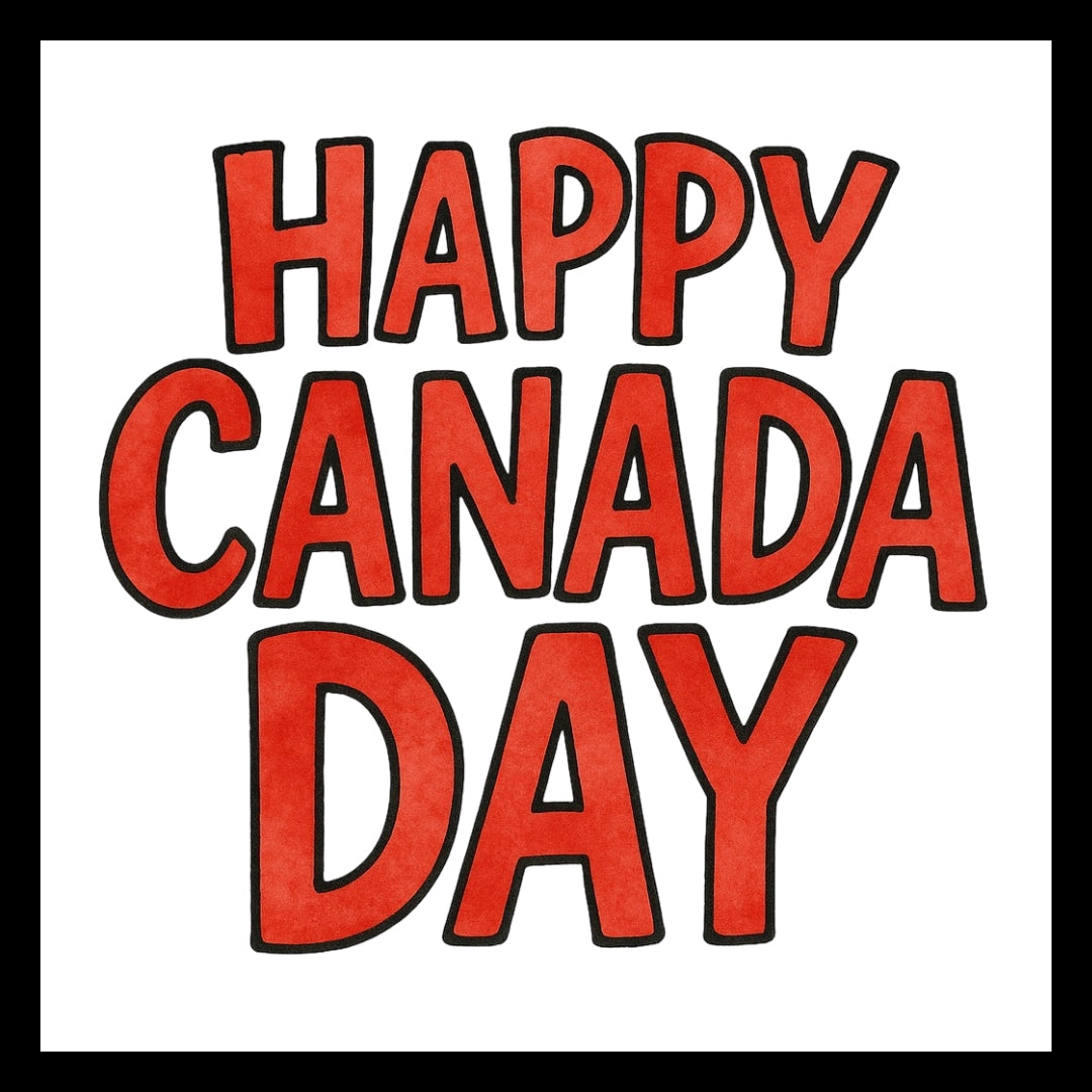 Text 'Happy Canada Day' in red with a black outline, on a white background.