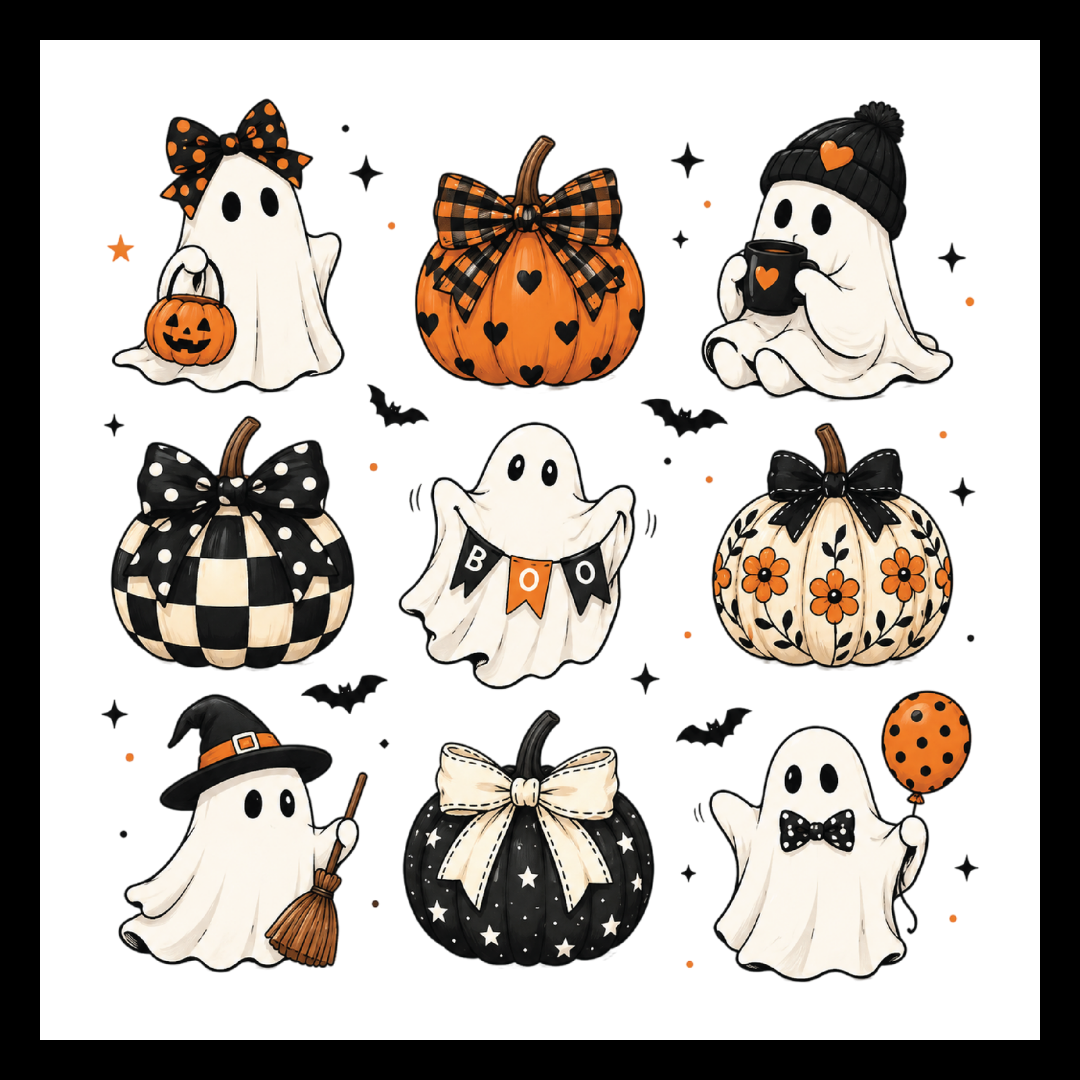 'Ghosts and Pumpkins' 5 cream-colored ghosts dressed in Halloween/Fall garb and activities with multicolored pumpkins and small black bats, on a white background.